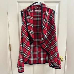 Pink Lily Red Plaid Vest Open Front Flowy Cascading Small with pockets